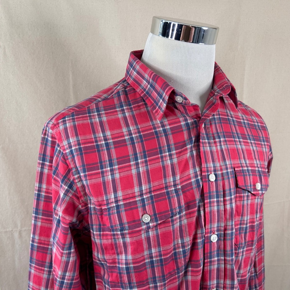 UNTUCKit Medium Regular Fit Button Front Shirt Red Blue Plaid Cotton Casual Mens